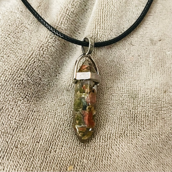 New Vegan Leather Sterling Silver Unakite Jasper Natural Stone Artisan Necklace - Picture 5 of 12